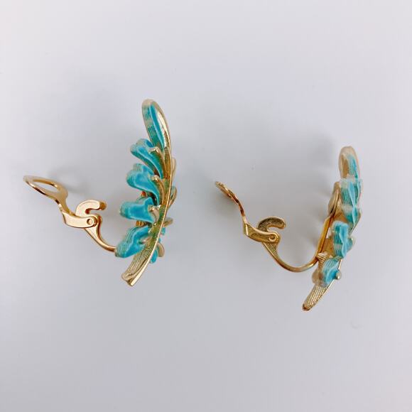 VTG Signed Coro Blue Enamel Gold Tone Leaf Clip-On Earrings 1950s 1960s Jewelry - Picture 8 of 8